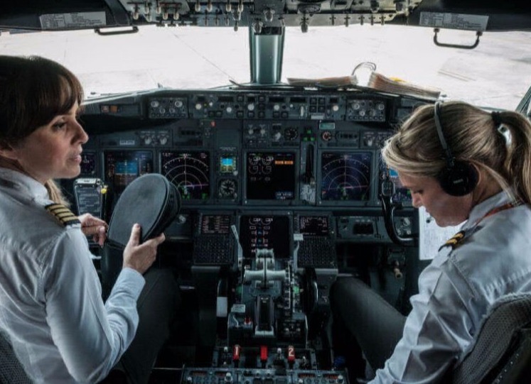 Two pilots at the controls on a flight deck